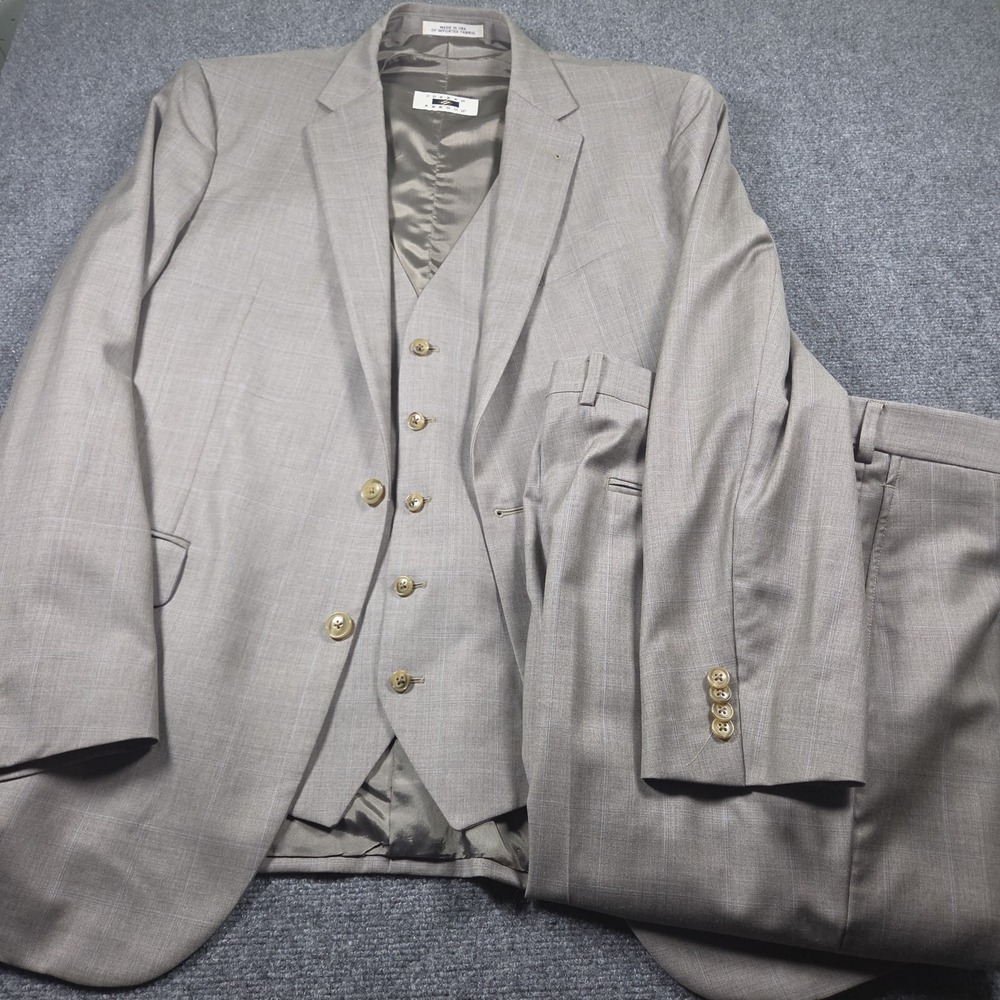 Joseph Abboud 46L Brown Windowpane 3pc Pant Suit Italian Reda Super 130's Wool